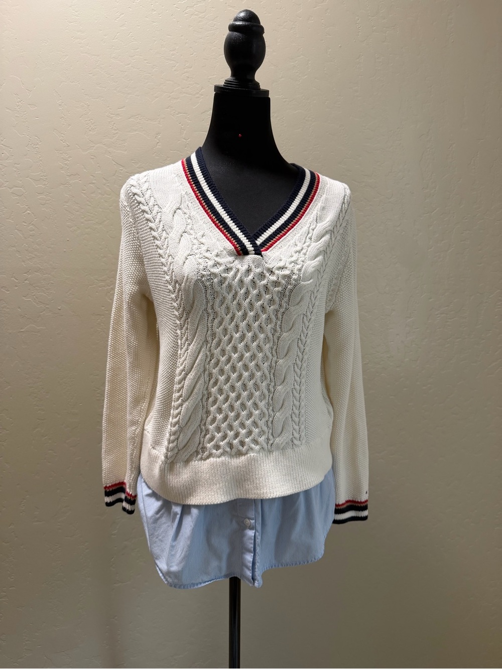 Tommy Hilfiger Cream Cable V-Neck Sweater with Red & Navy Trim